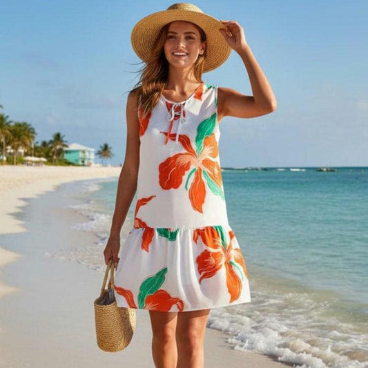 Floral Tie Neck Sleeveless Ruffled Sundress, Vacation Dress, Beachchi