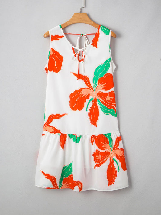 Floral Tie Neck Sleeveless Ruffled Sundress, Vacation Dress, Beachchi