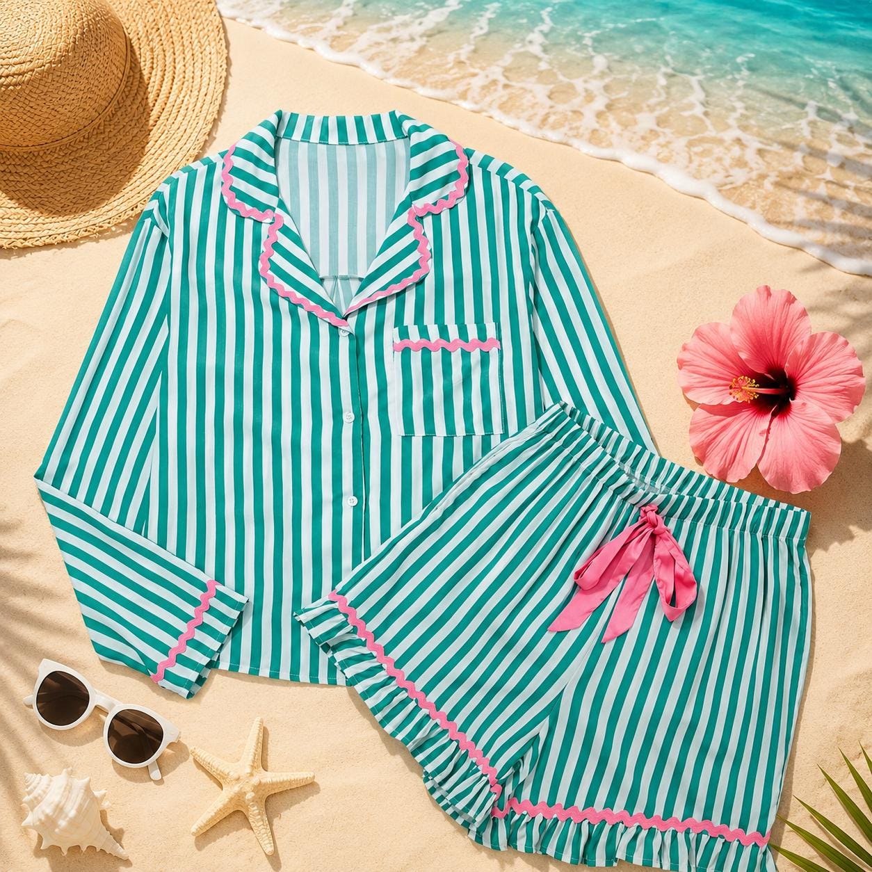 Stripe Contrast Ricrac Trim Long Sleeve Shirt Drawstring Ruffled Pajama Short Set