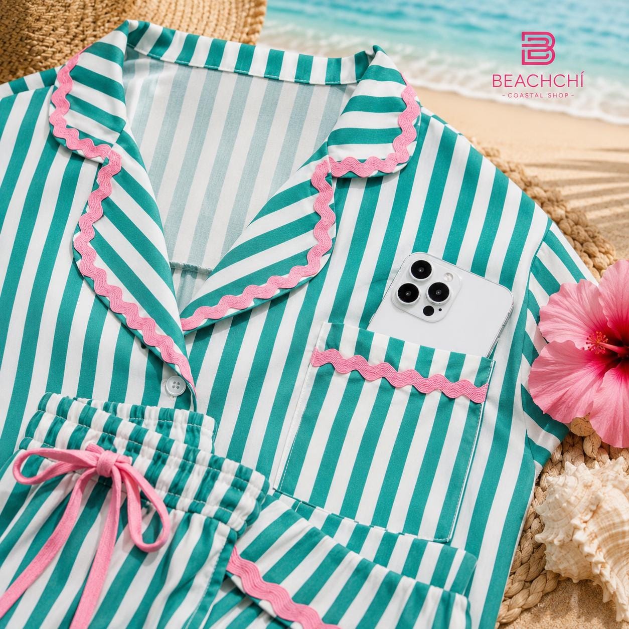 Stripe Contrast Ricrac Trim Long Sleeve Shirt Drawstring Ruffled Pajama Short Set