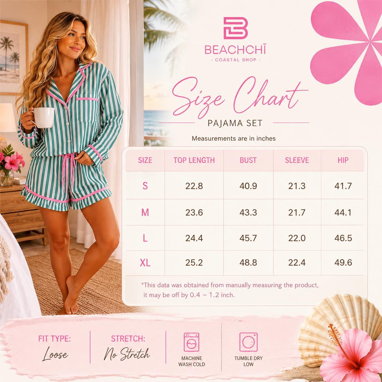 Stripe Contrast Ricrac Trim Long Sleeve Shirt Drawstring Ruffled Pajama Short Set