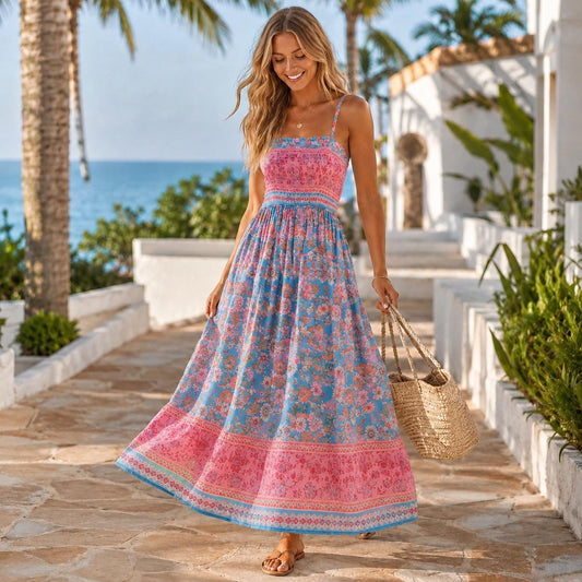 Beachchi Boho Floral Smocked Maxi Dress | Tropical Vacation Dress | Sleeveless Beach Dress | Resort Wear | Summer Vacation Outfit