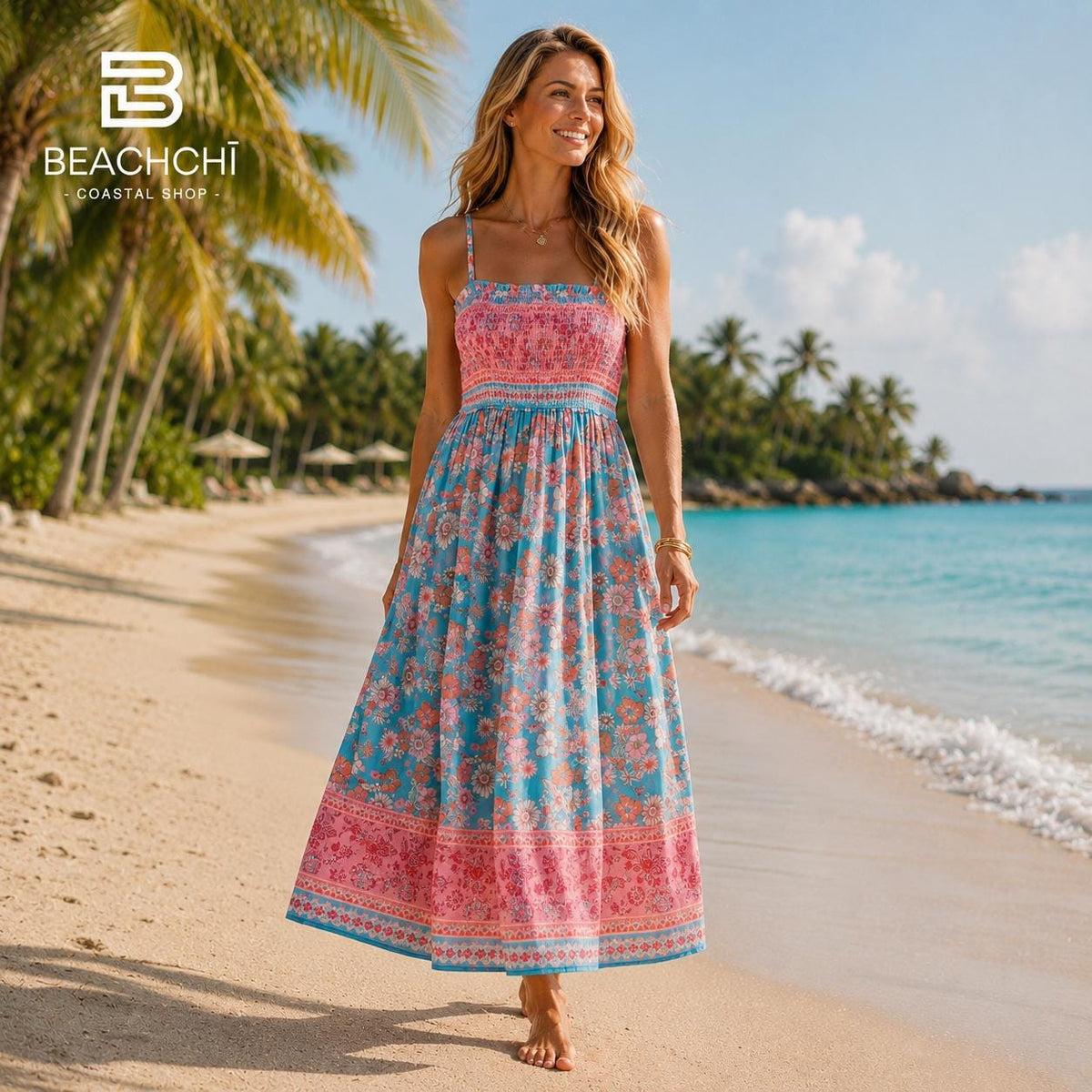 Beachchi boho floral smocked maxi dress | tropical vacation dress | sleeveless beach dress | resort wear | summer vacation outfit