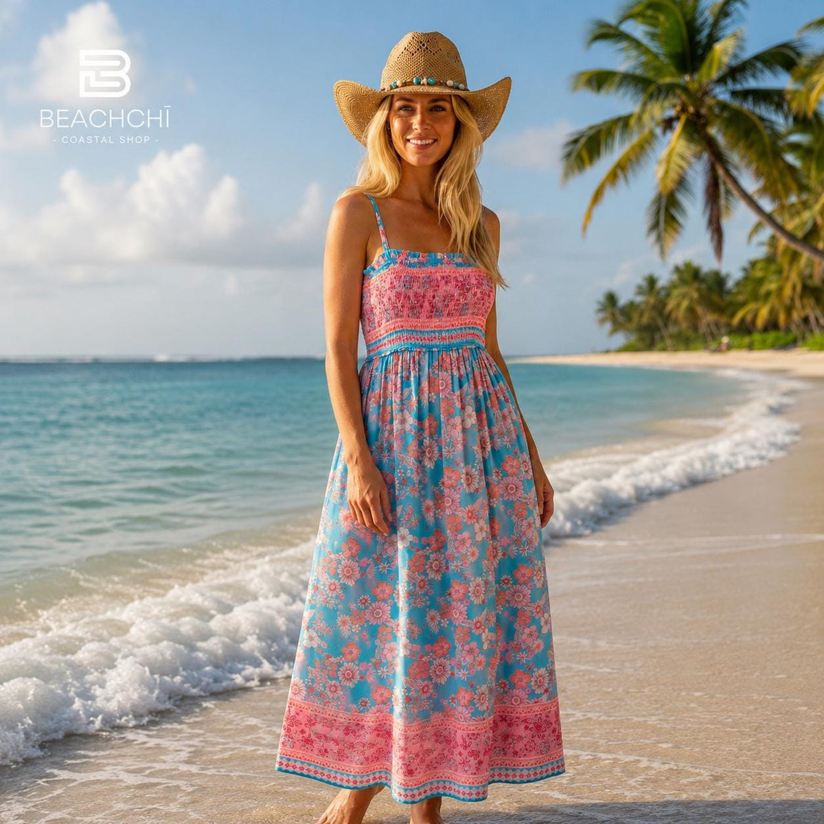 Beachchi boho floral smocked maxi dress | tropical vacation dress | sleeveless beach dress | resort wear | summer vacation outfit