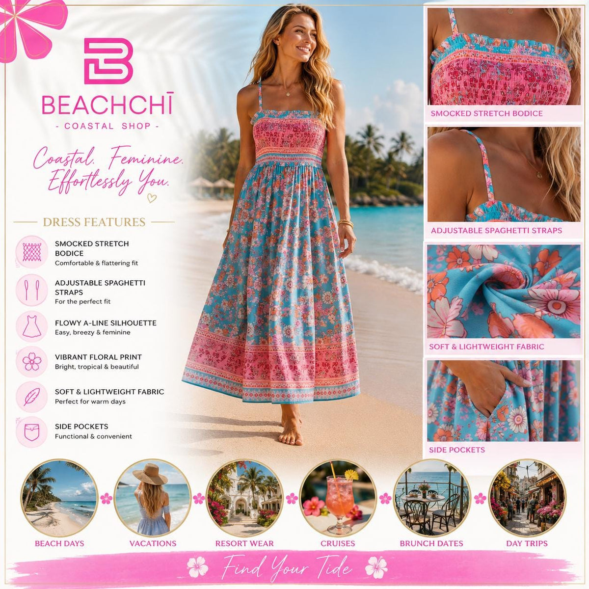 Beachchi boho floral smocked maxi dress | tropical vacation dress | sleeveless beach dress | resort wear | summer vacation outfit