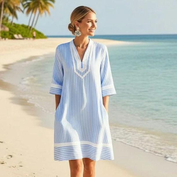 Beachchi  Striped Resort Dress with Pockets | Coastal Vacation Cover-Up | Relaxed Beach Boutique Style
