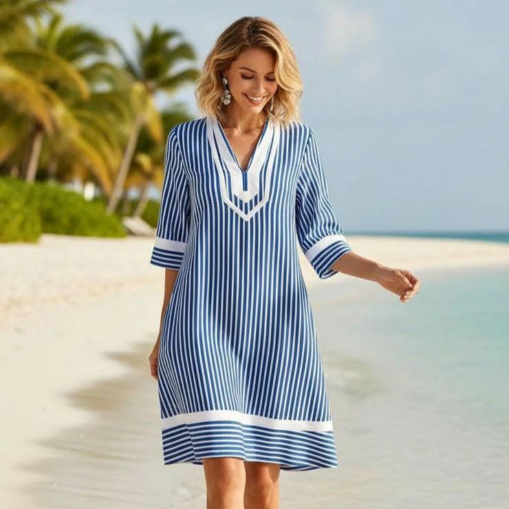 Beachchi  Striped Resort Dress with Pockets | Coastal Vacation Cover-Up | Relaxed Beach Boutique Style