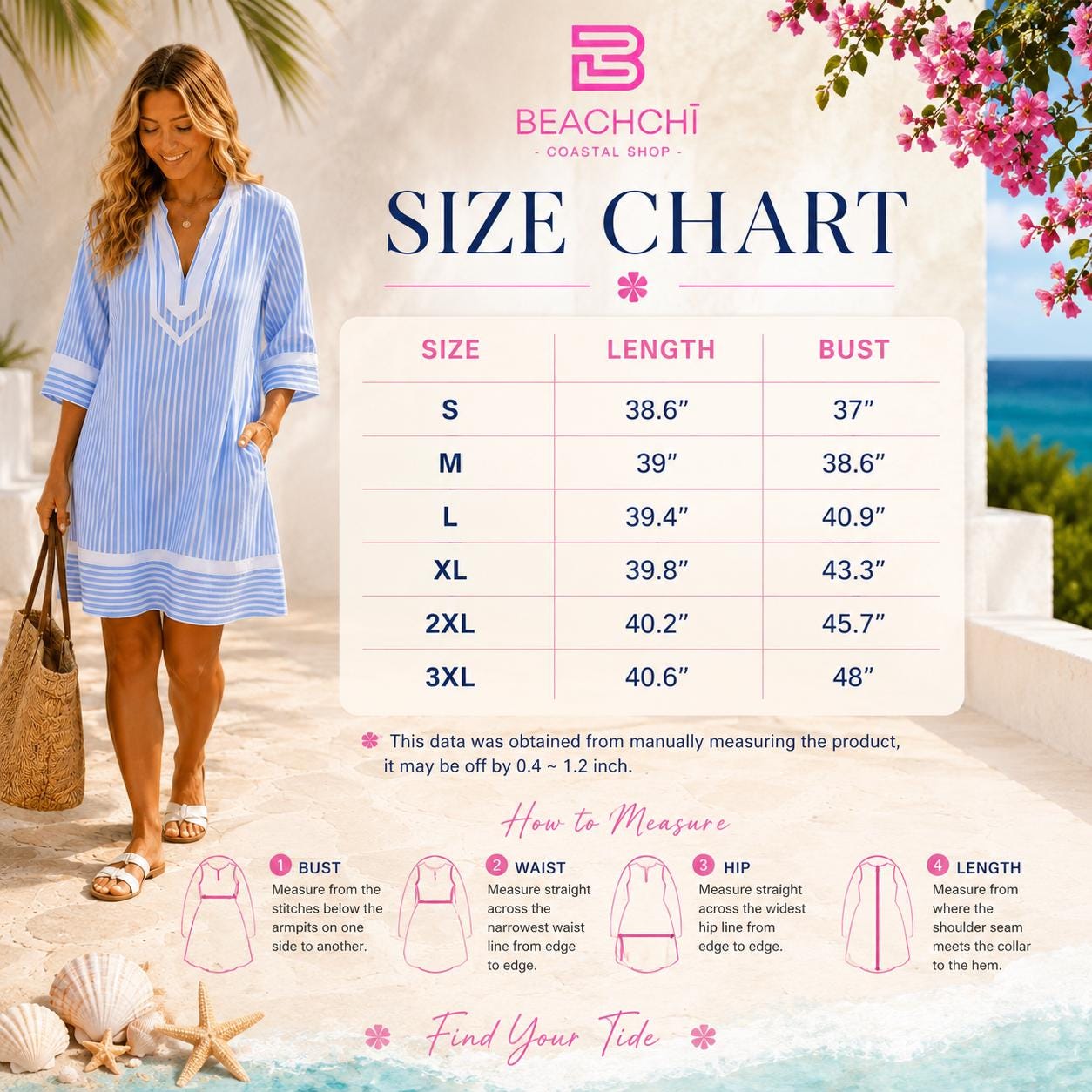Beachchi  Striped Resort Dress with Pockets | Coastal Vacation Cover-Up | Relaxed Beach Boutique Style