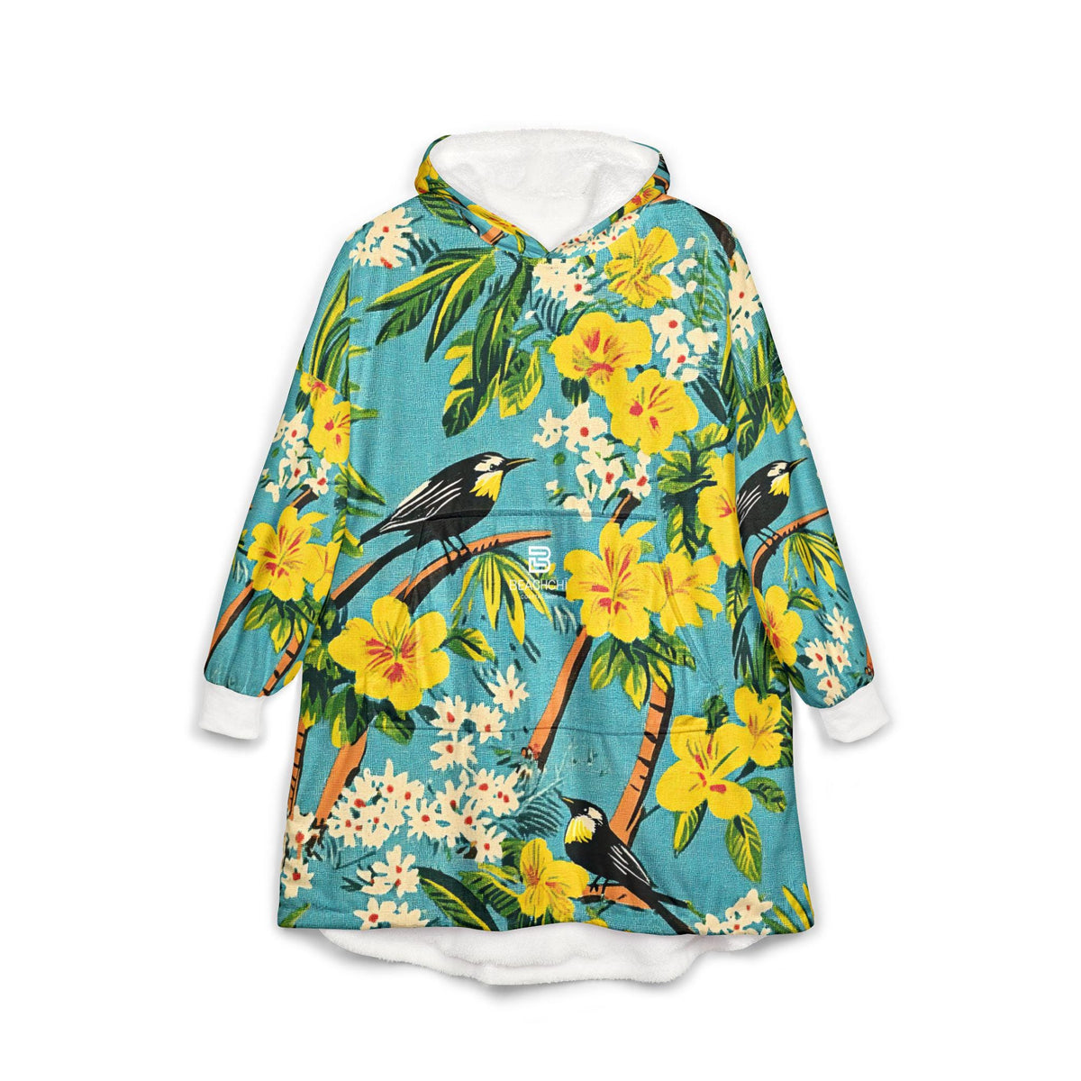 Tropical yellow hibiscus bird hooded blanket | hawaiian floral throw