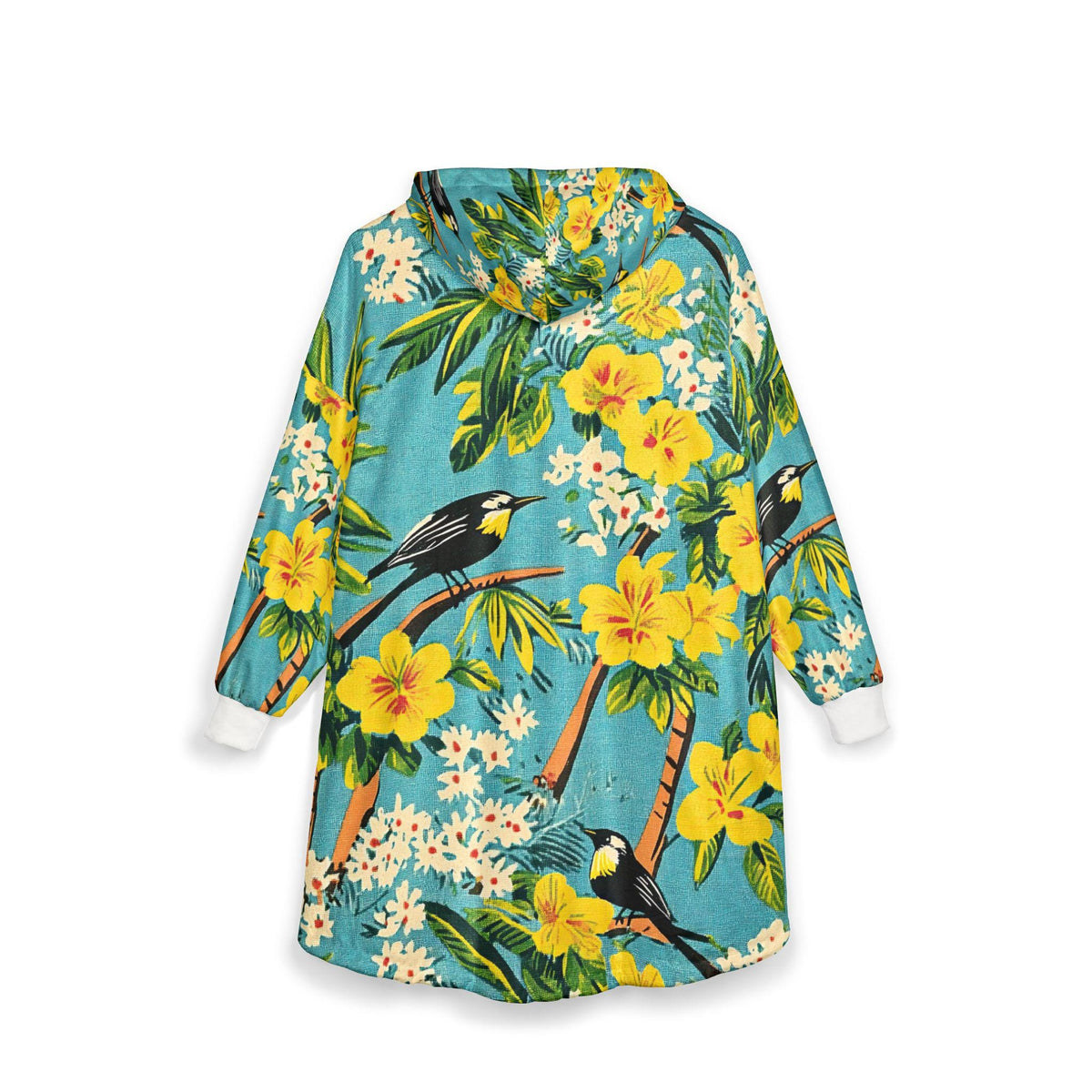 Tropical yellow hibiscus bird hooded blanket | hawaiian floral throw