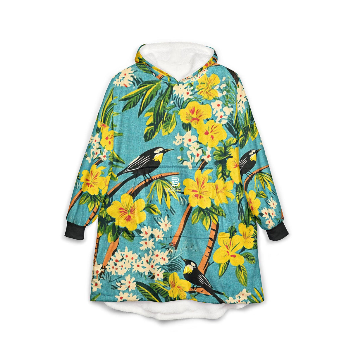 Tropical yellow hibiscus bird hooded blanket | hawaiian floral throw