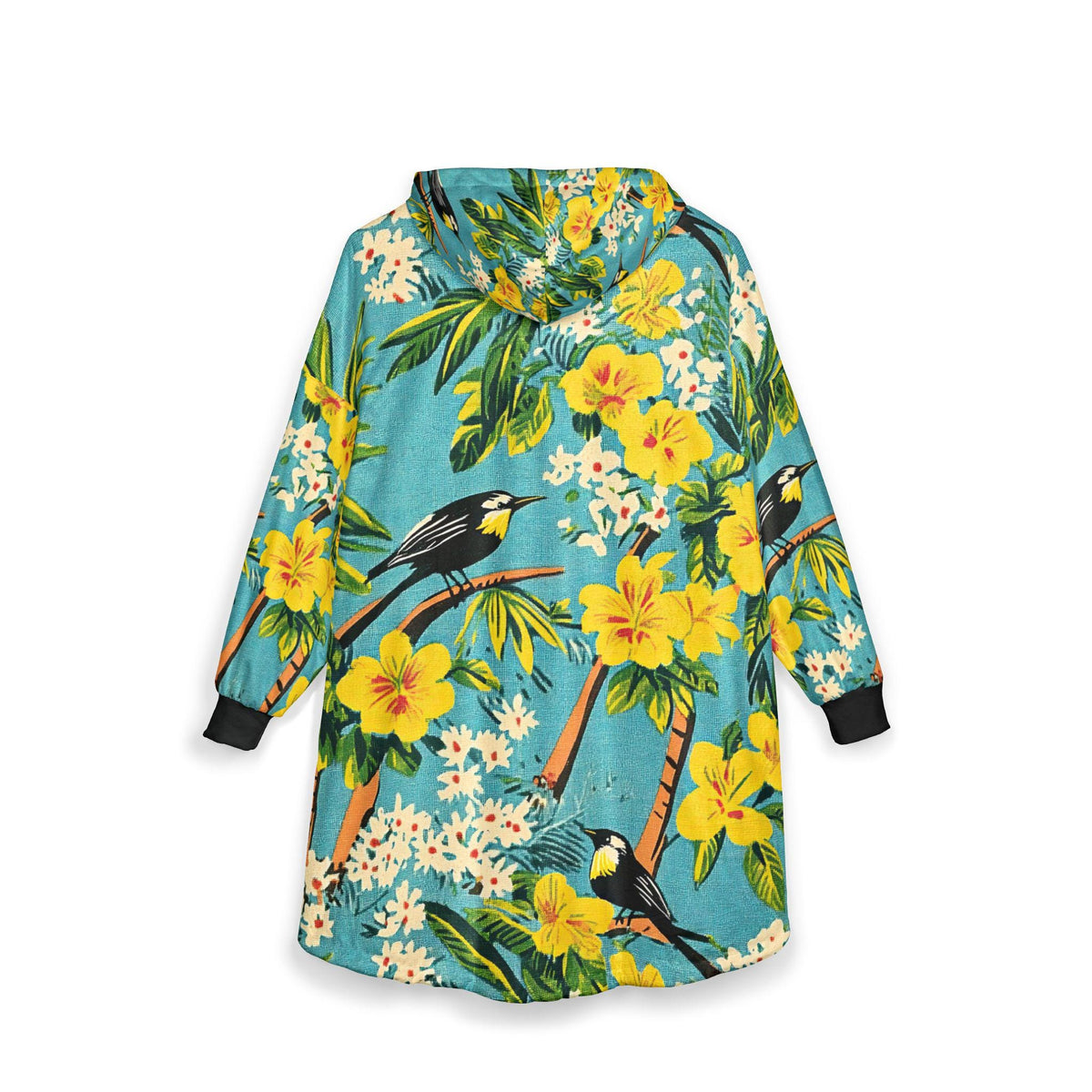 Tropical yellow hibiscus bird hooded blanket | hawaiian floral throw