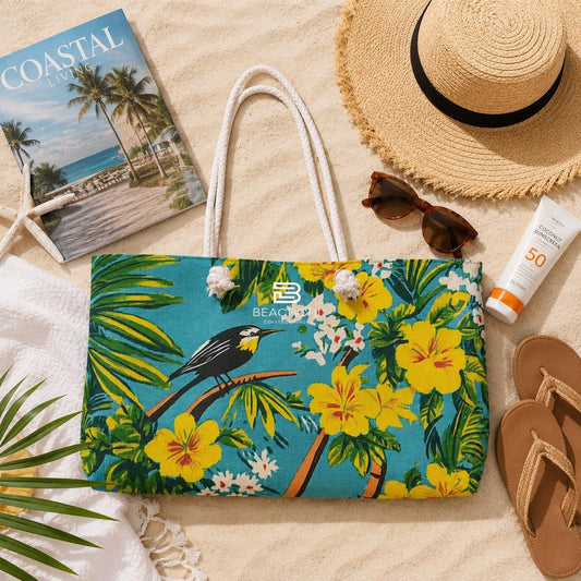 Tropical Hibiscus & Bird Weekender Bag | Hawaiian Beach Tote