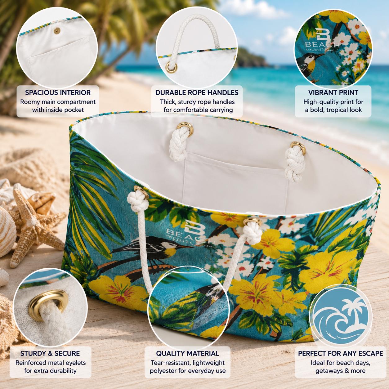 Tropical Hibiscus & Bird Weekender Bag | Hawaiian Beach Tote