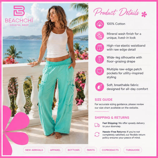 Mineral Wash Wide Leg Cargo Pants for Women | Cotton Resort Lounge Pants | Casual Vacation Travel Pants |