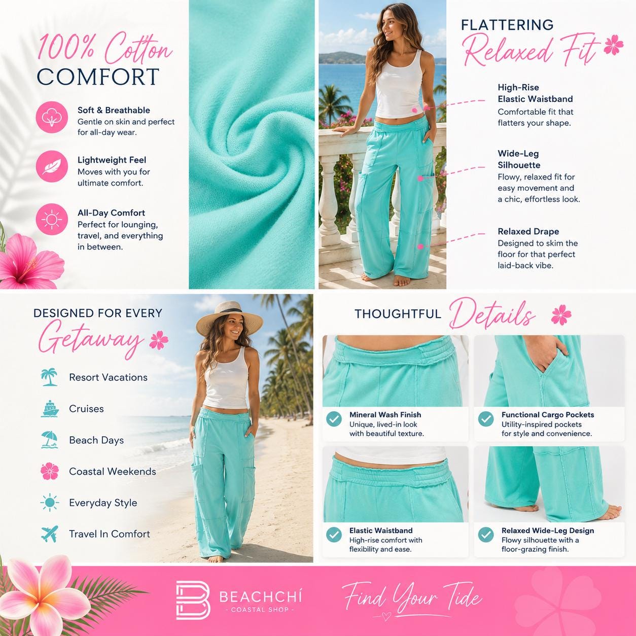 Mineral Wash Wide Leg Cargo Pants for Women | Cotton Resort Lounge Pants | Casual Vacation Travel Pants |
