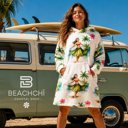 Beachchi Surf Robe | Hawaiin Print Cover-Up |Vacation Essential | Hooded Blanket | Hula Girl Print Cozy Wearable Blanket