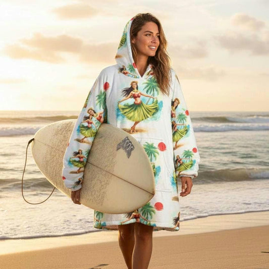 Beachchi Surf Robe | Hawaiin Print Cover-Up |Vacation Essential | Hooded Blanket | Hula Girl Print Cozy Wearable Blanket