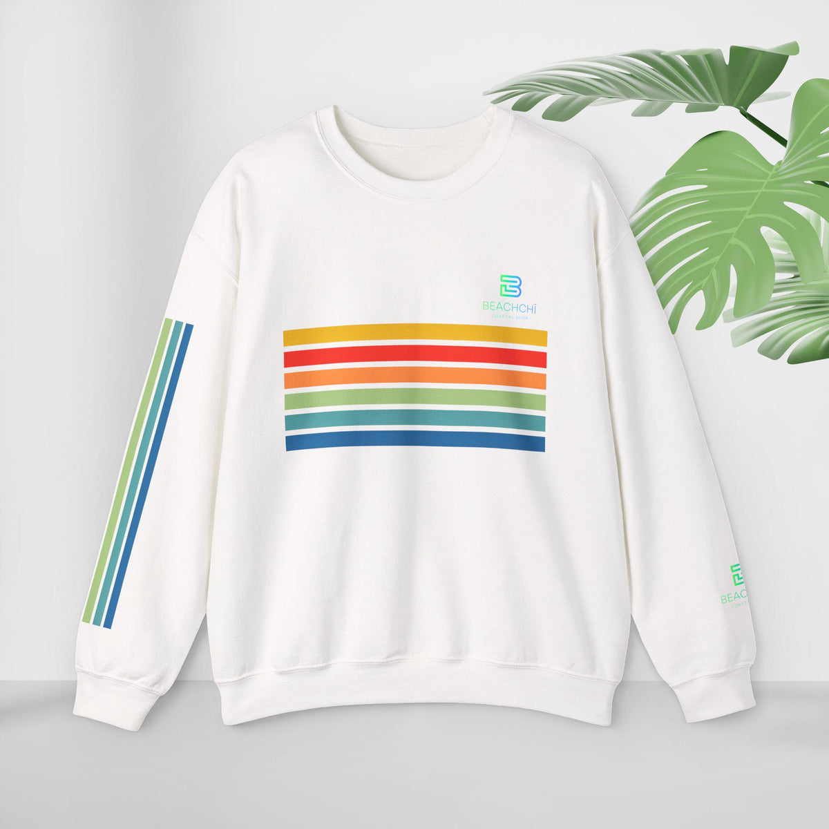 Retro rainbow stripes crewneck sweatshirt | beachchi logo