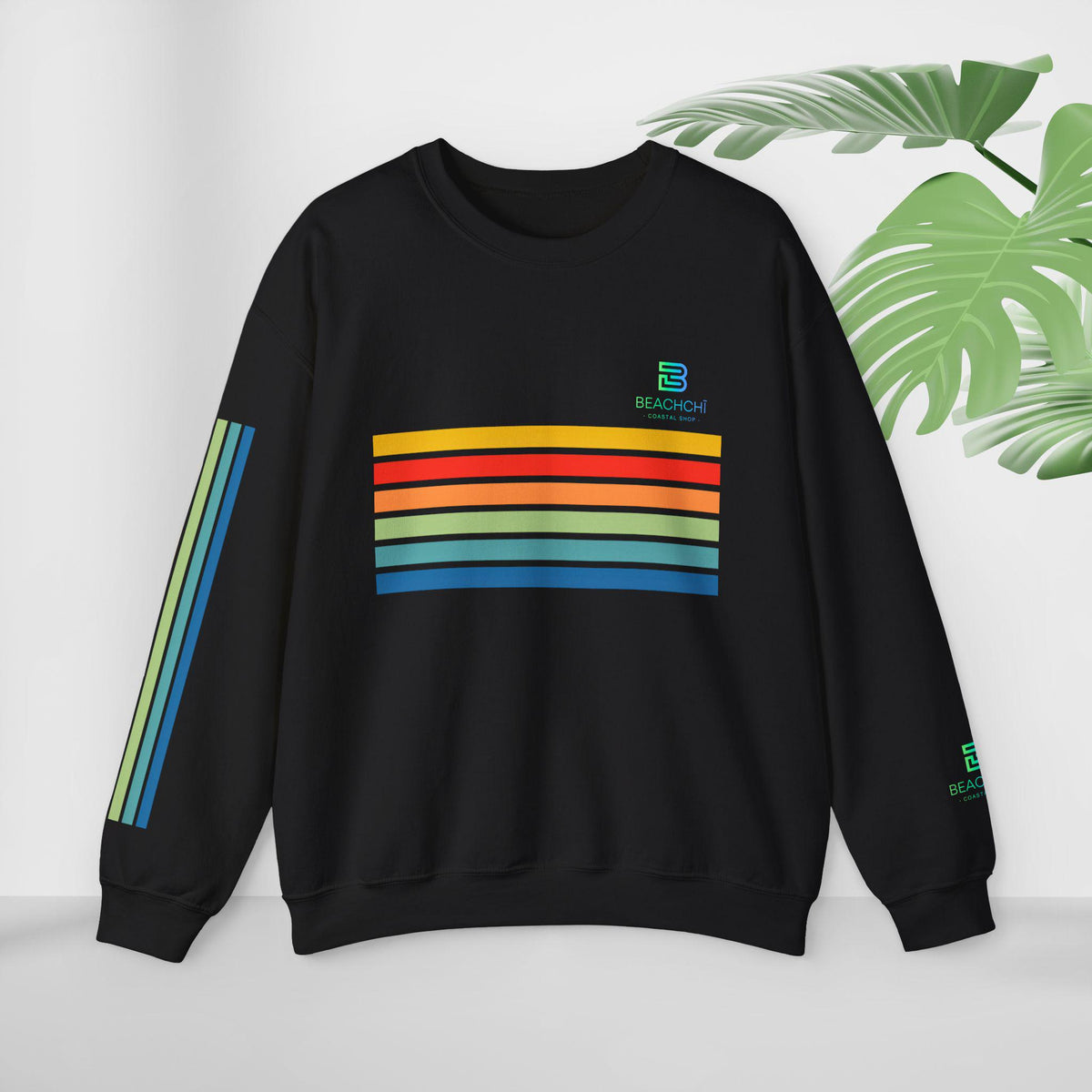 Retro rainbow stripes crewneck sweatshirt | beachchi logo