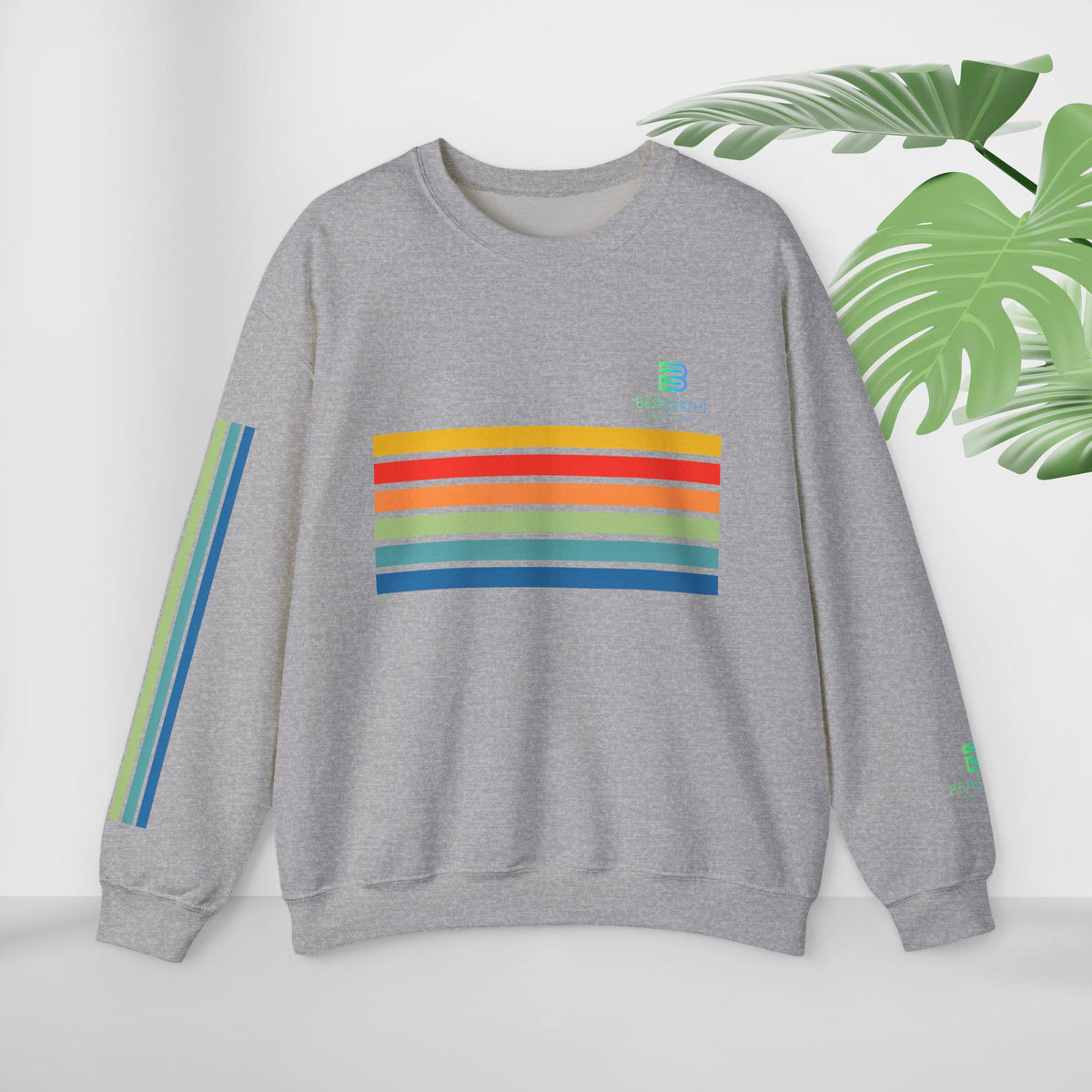 Retro rainbow stripes crewneck sweatshirt | beachchi logo