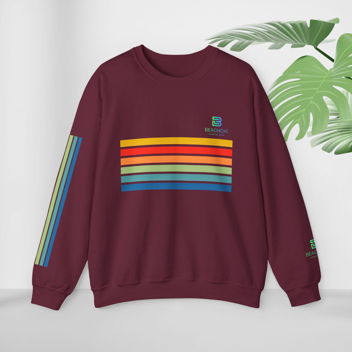 Retro rainbow stripes crewneck sweatshirt | beachchi logo
