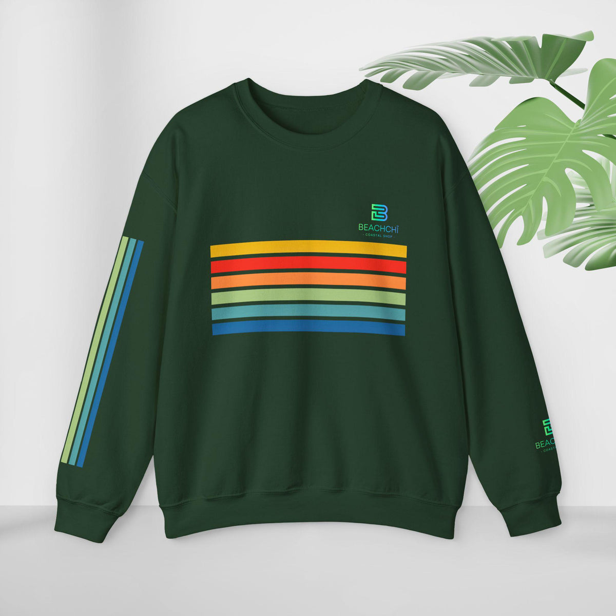 Retro rainbow stripes crewneck sweatshirt | beachchi logo