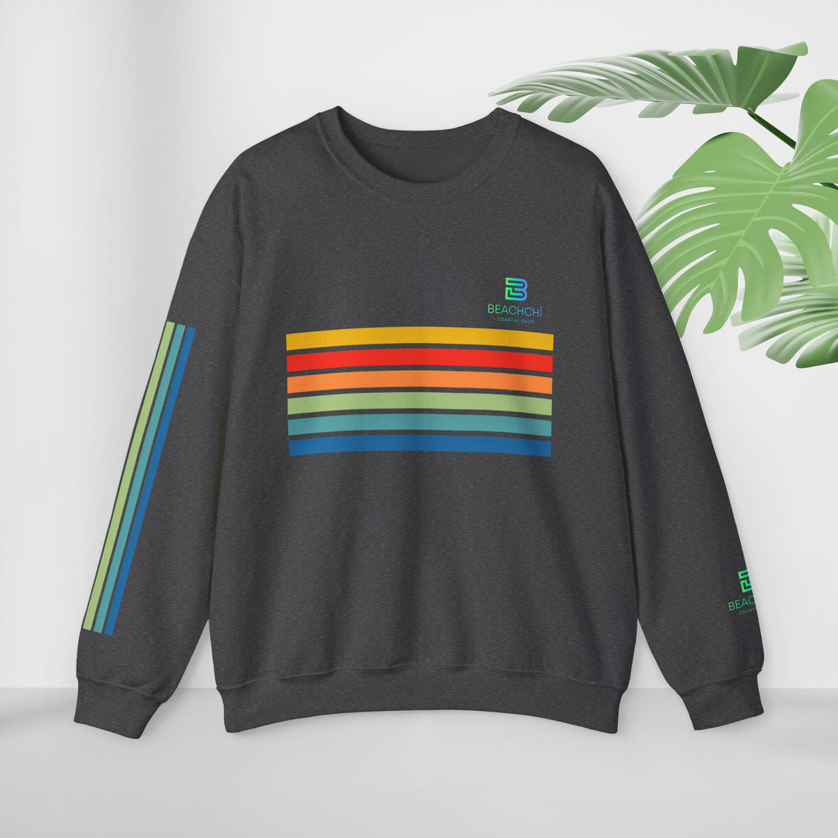Retro rainbow stripes crewneck sweatshirt | beachchi logo