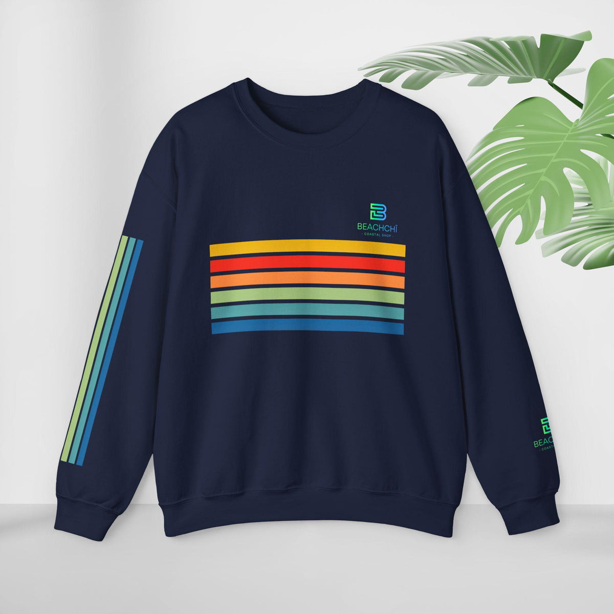Retro rainbow stripes crewneck sweatshirt | beachchi logo
