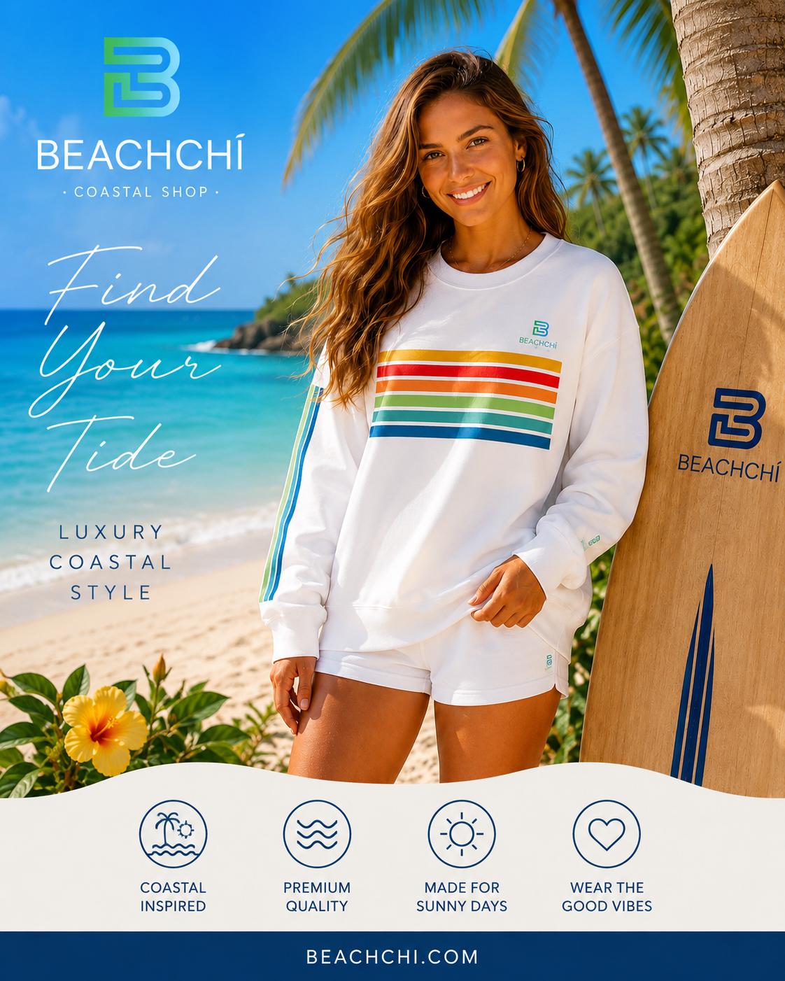 Retro rainbow stripes crewneck sweatshirt | beachchi logo