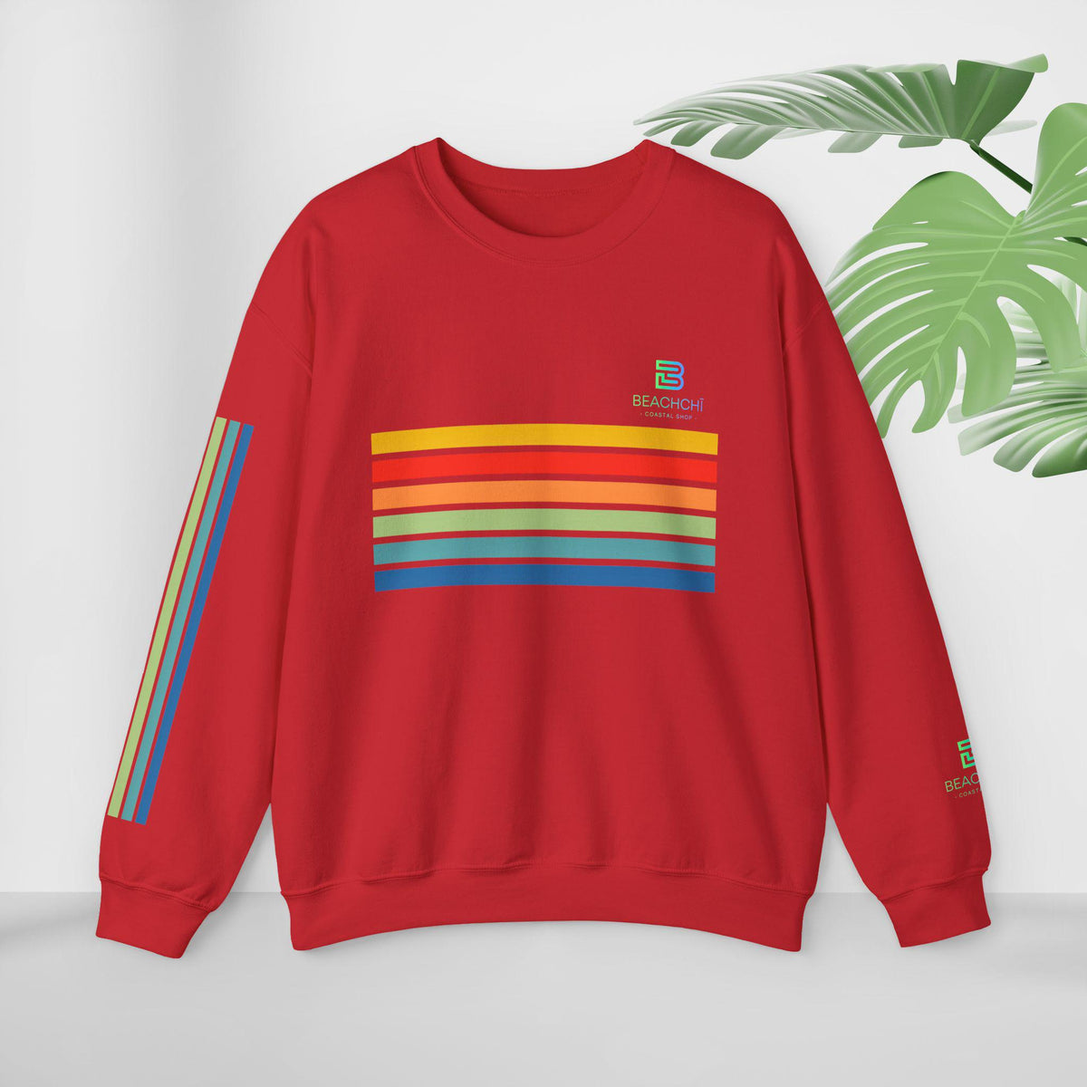 Retro rainbow stripes crewneck sweatshirt | beachchi logo