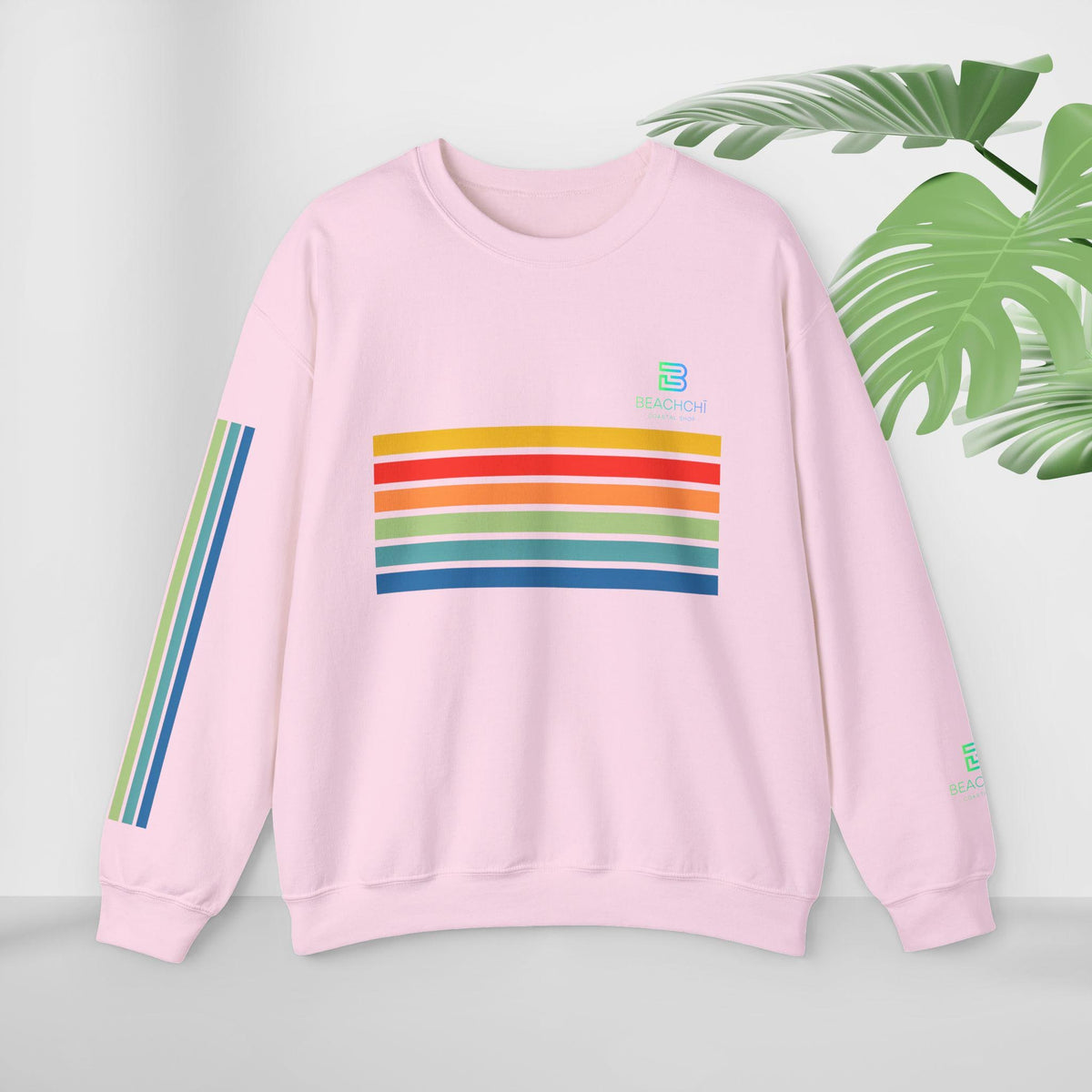 Retro rainbow stripes crewneck sweatshirt | beachchi logo