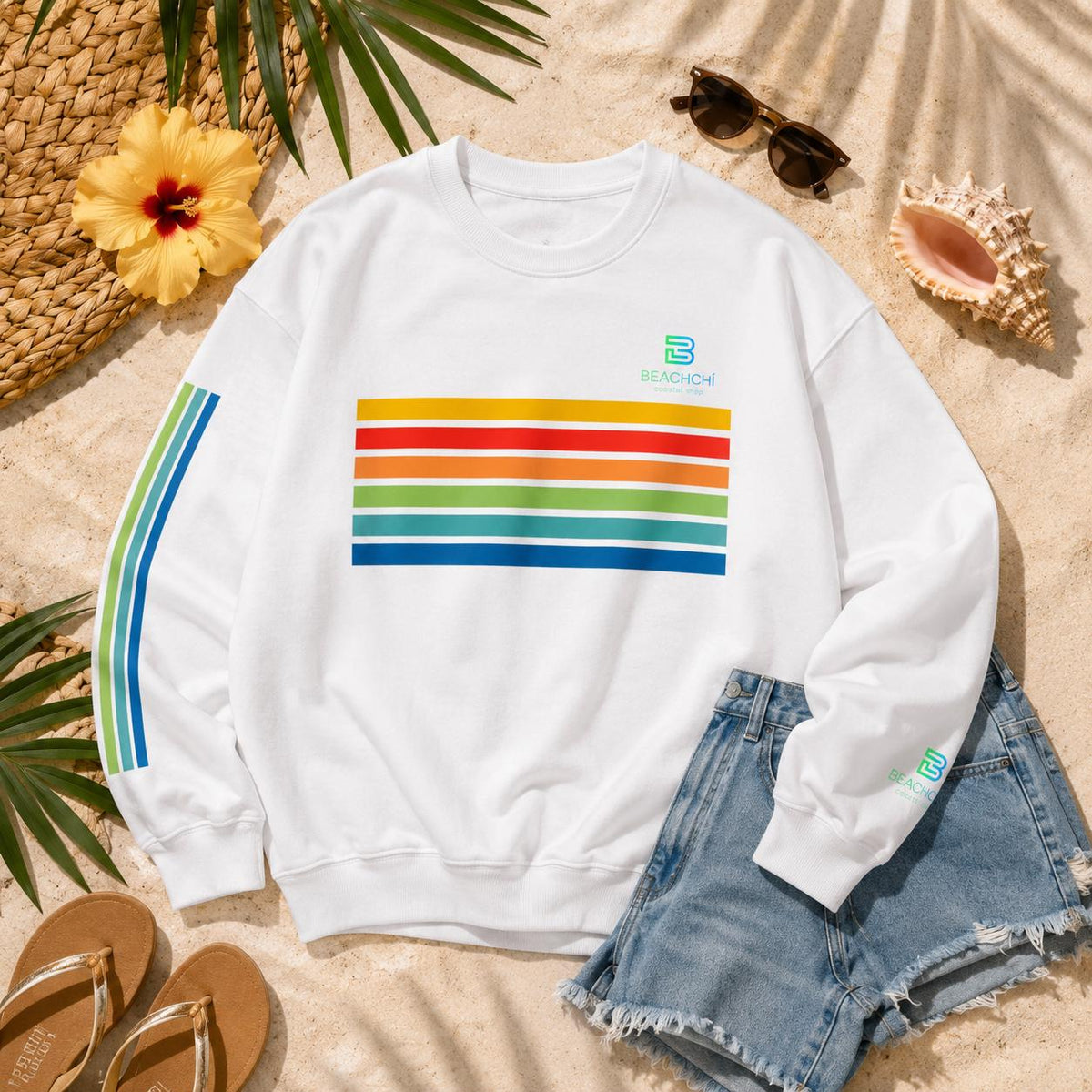 Retro rainbow stripes crewneck sweatshirt | beachchi logo