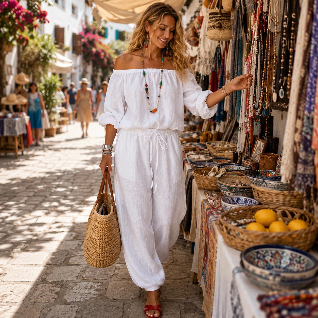 Beachchī Off Shoulder Two Piece Resort Set | Women's Coastal Vacation Outfit | Linen Look Drawstring Lounge Set | Travel Outfit