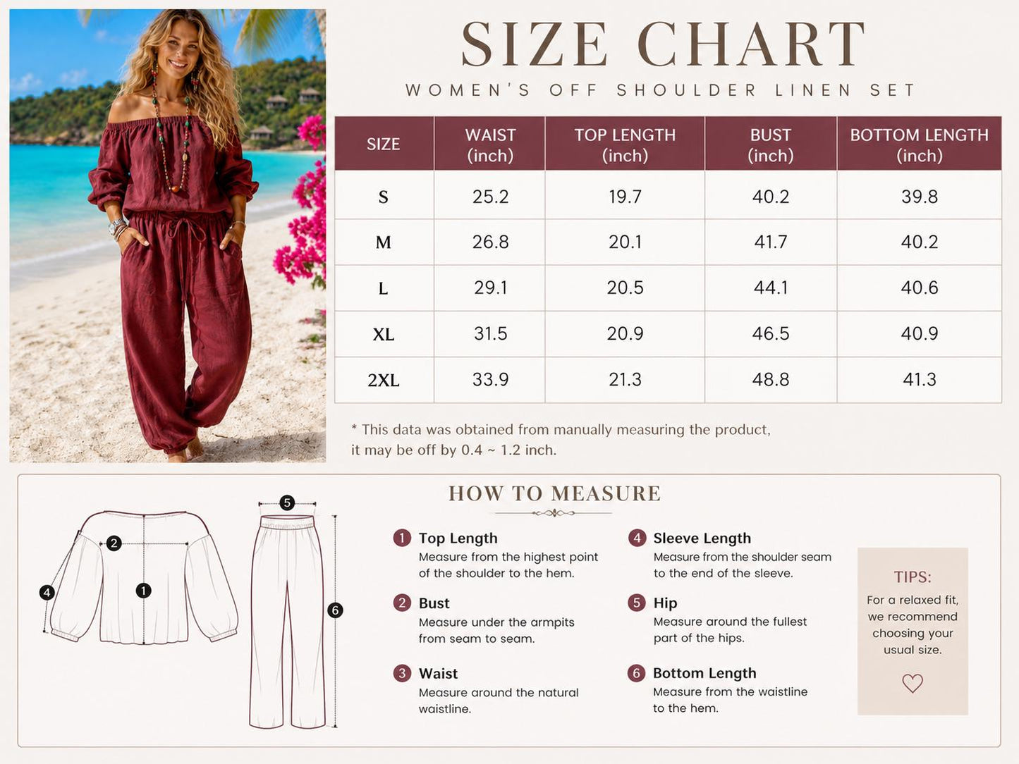 Beachchī Off Shoulder Two Piece Resort Set | Women's Coastal Vacation Outfit | Linen Look Drawstring Lounge Set | Travel Outfit