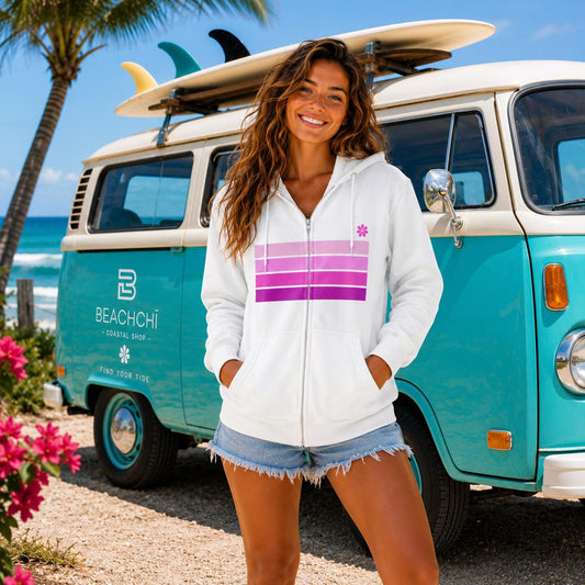 Zip Hoodie | Retro Pink Stripe | Beachchi Logo on Back| Cover-Up