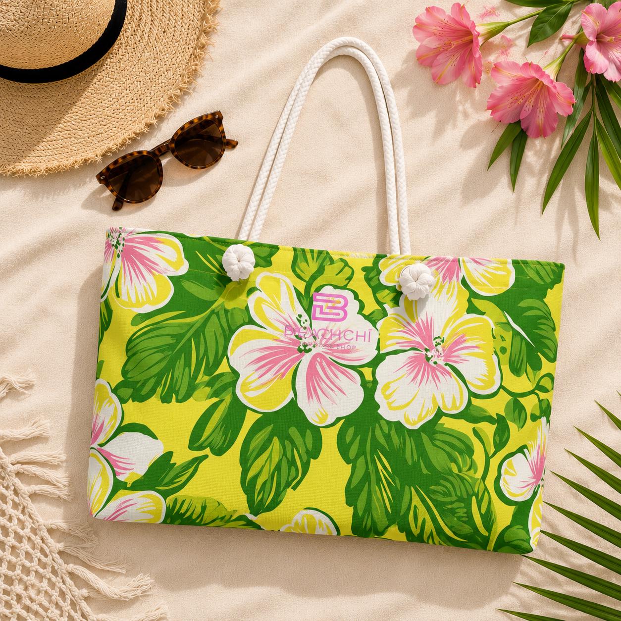 Beachchī Pink Hibiscus Weekender Bag, Tropical Floral Beach Tote, Large Travel Bag, Resort Vacation Carryall, Cruise Tote, Overnight Bag