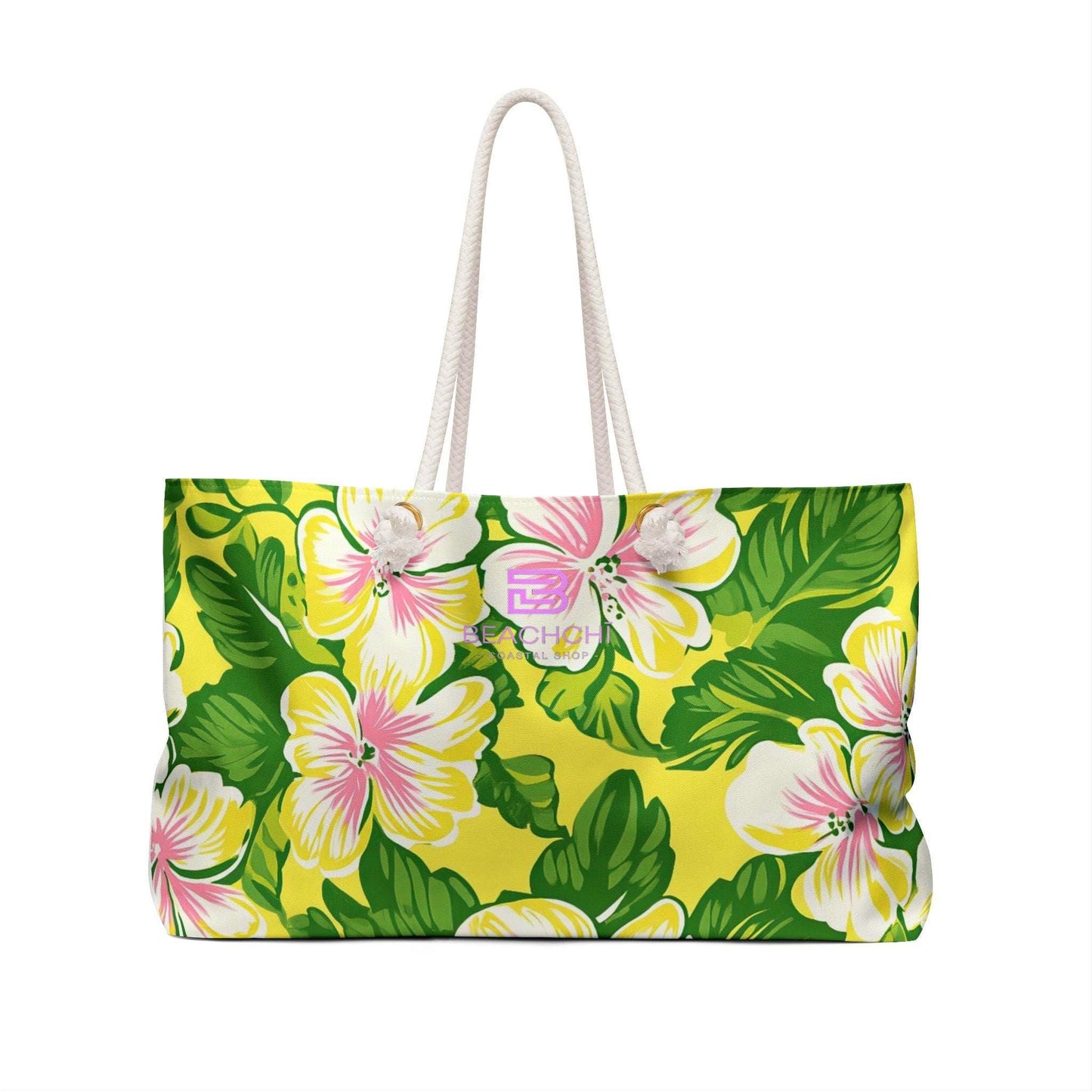 Beachchī Pink Hibiscus Weekender Bag, Tropical Floral Beach Tote, Large Travel Bag, Resort Vacation Carryall, Cruise Tote, Overnight Bag
