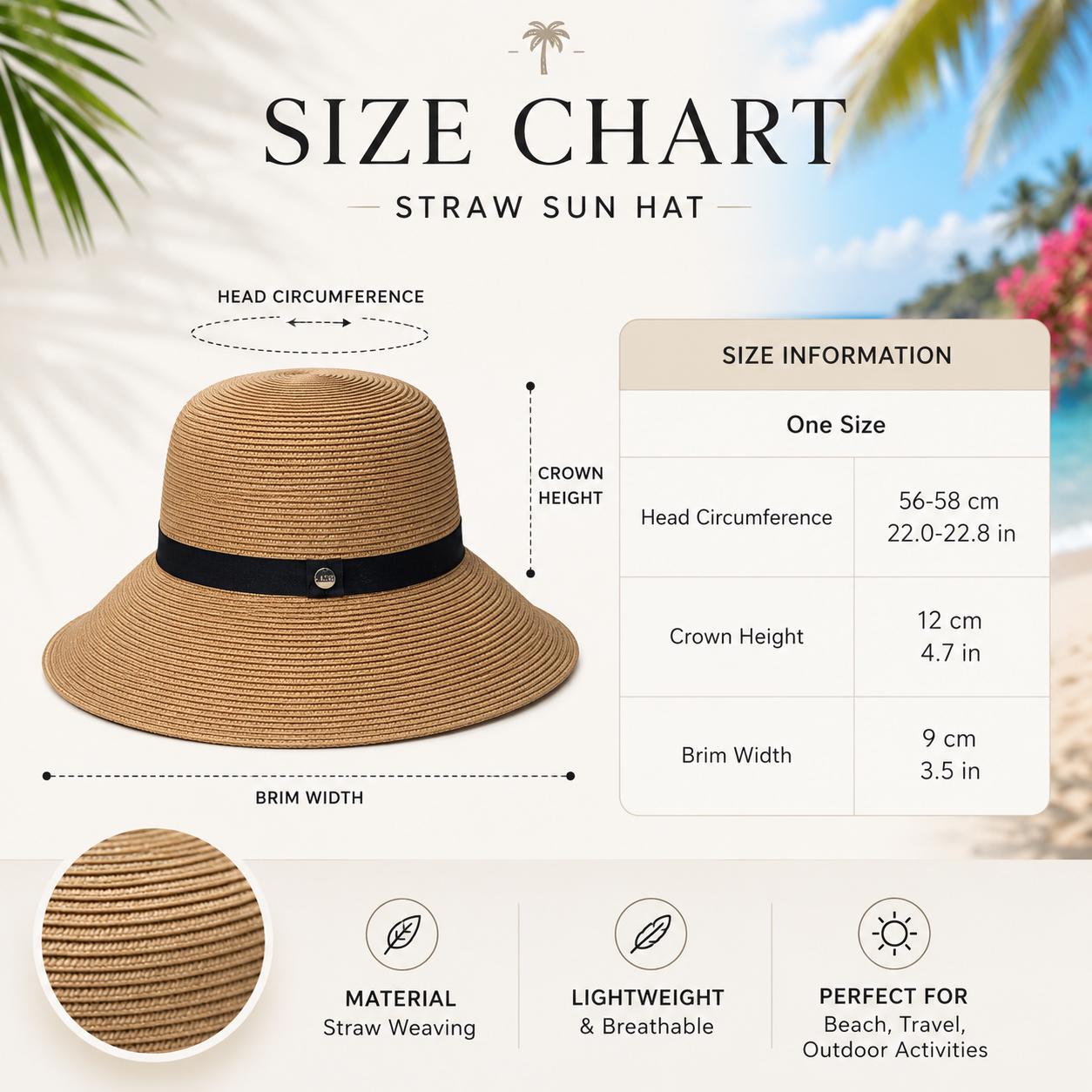 Beachchī Straw Sun Hat for Women | Wide Brim Beach Hat | Packable Summer Hat | Resort Vacation Hat | Coastal Sun Protection | Tropical Trave