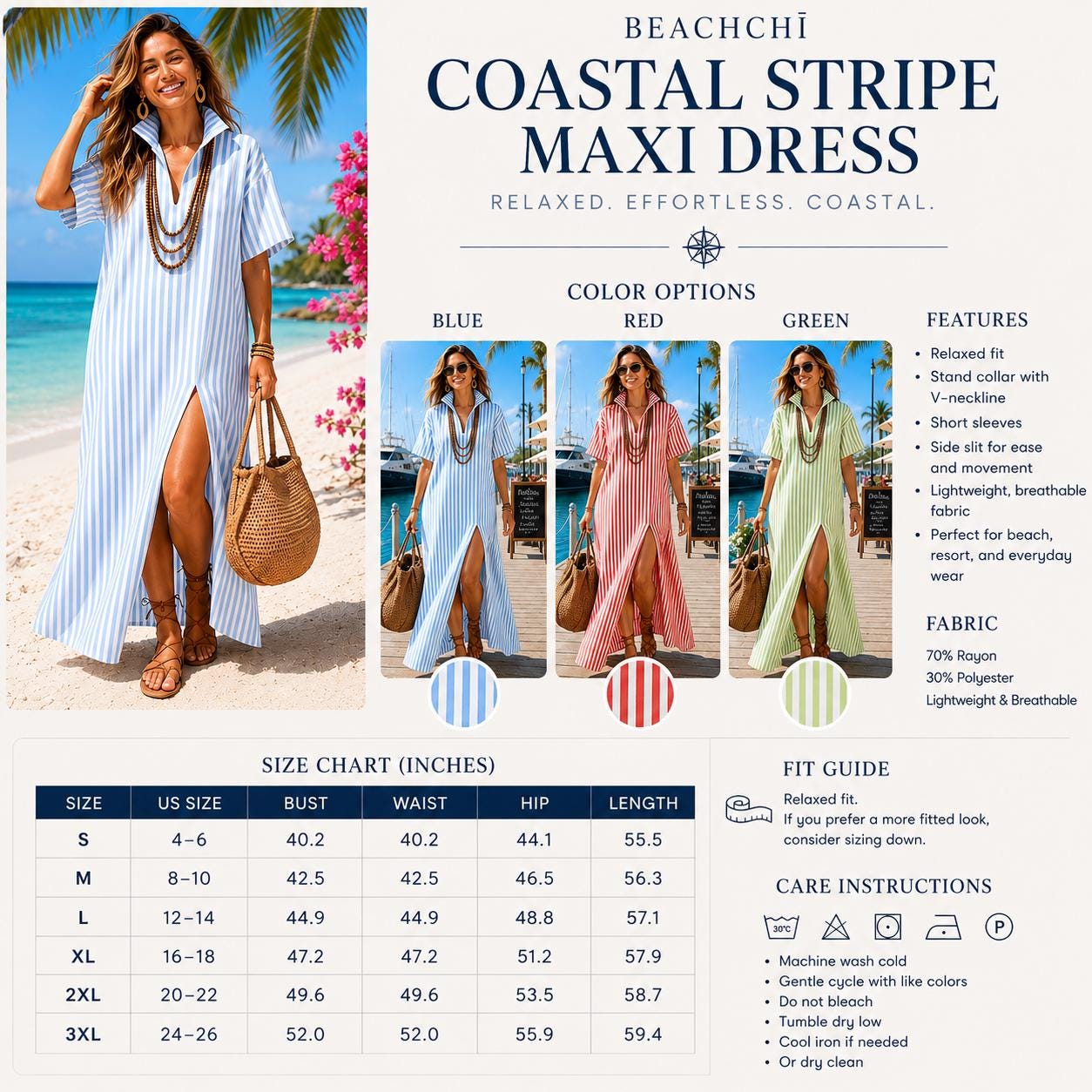 Beachchī Coastal Stripe Maxi Dress | Resort Vacation Dress for Women | Beach Cover Up Dress | Cruise Outfit | Collared Maxi Dress