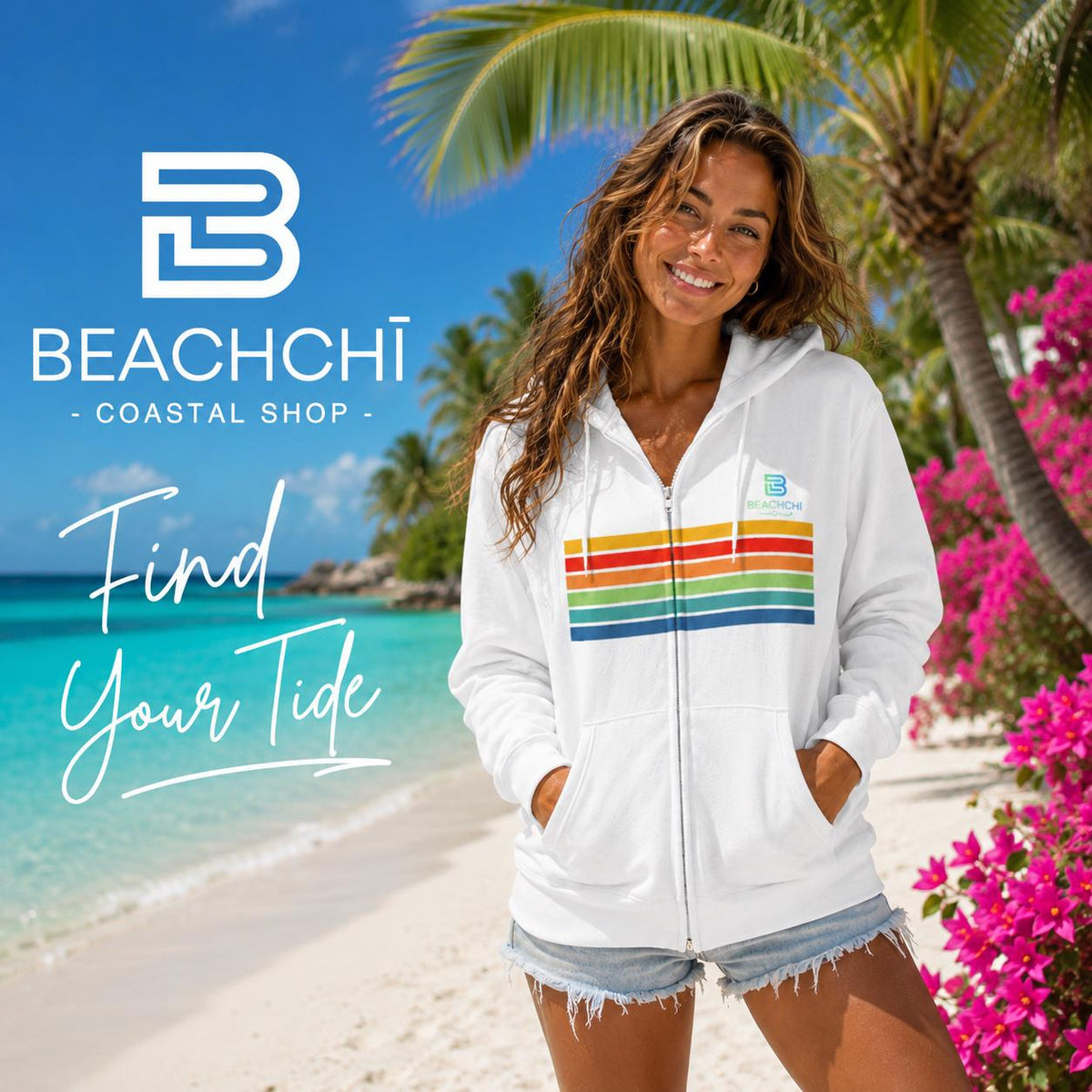 Retro rainbow stripes zip hoodie | beachchi logo on back