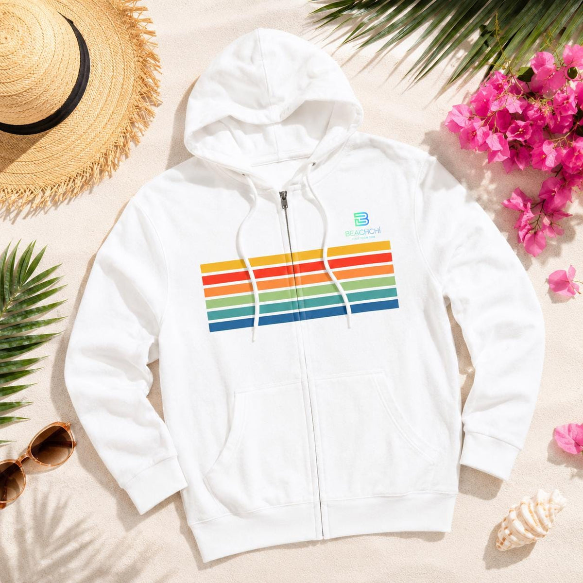 Retro rainbow stripes zip hoodie | beachchi logo on back