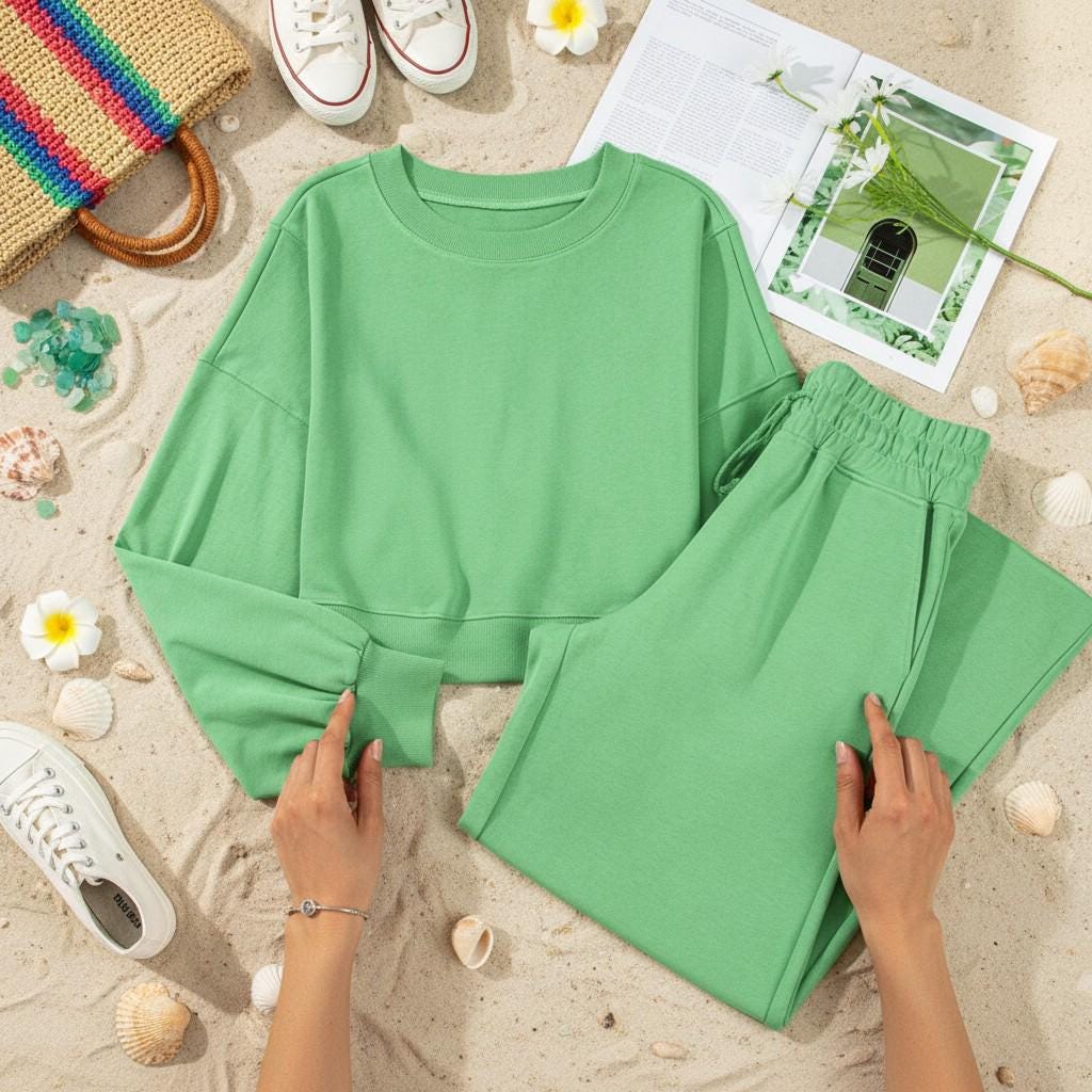 Drop Shoulder Puff Sleeve Crop Top and Drawstring Wide Leg Pants Set