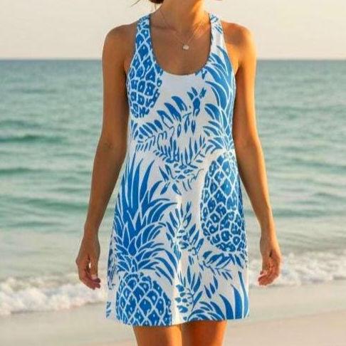 Blue Pineapple Pattern Racerback Dress | Tropical Floral Print