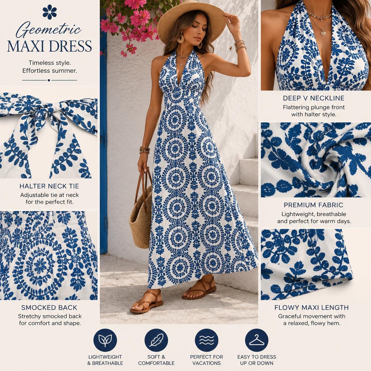 Blue & White Halter Maxi Dress | Coastal Resort Dress for Women | Mediterranean Vacation Dress | Beach Vacation Outfit | Sleeveless Summer M