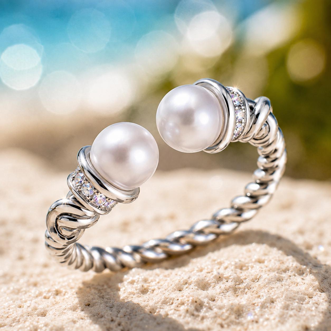 Beachchī Pearl Open Cuff Ring | 925 Sterling Silver Ring | Adjustable Pearl Ring | Coastal Jewelry | Beach Ring | Minimalist Gift for Her