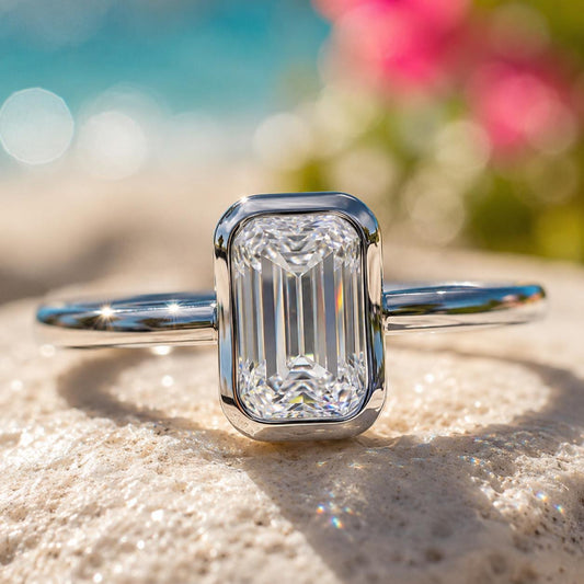 2 Carat Emerald Cut Moissanite Ring | 925 Sterling Silver Solitaire | Modern Engagement Ring | Travel Ring | Beachchī Luxury Jewelry
