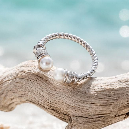 Beachchī Pearl Open Cuff Ring | 925 Sterling Silver Ring | Adjustable Pearl Ring | Coastal Jewelry | Beach Ring | Minimalist Gift for Her