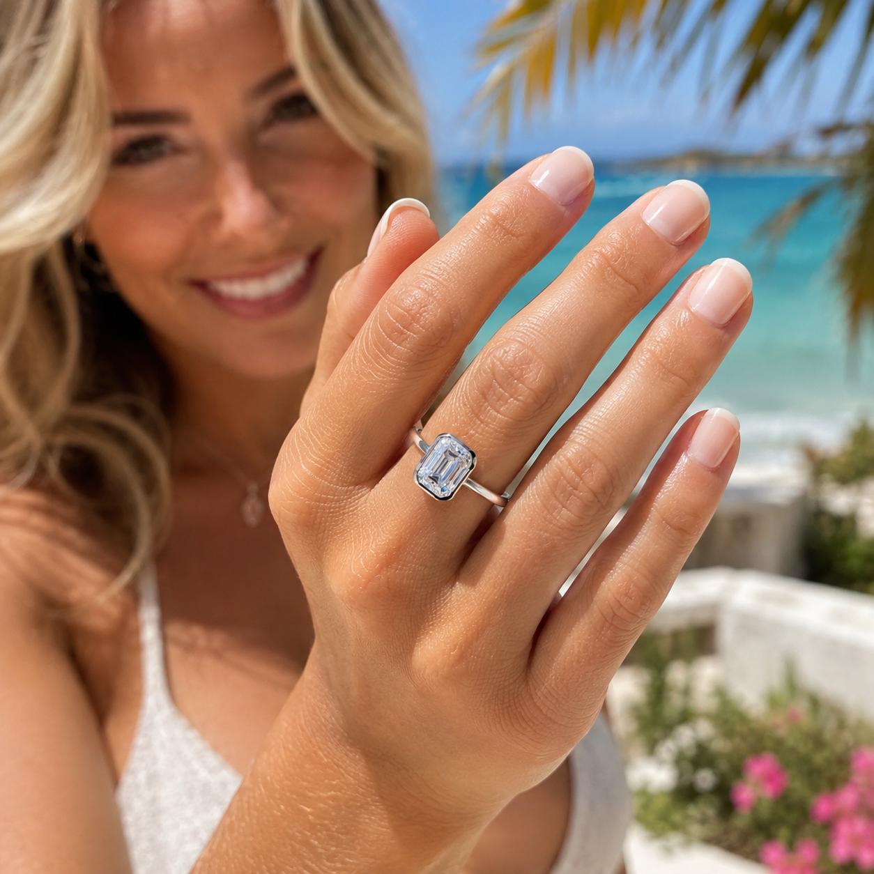 2 Carat Emerald Cut Moissanite Ring | 925 Sterling Silver Solitaire | Modern Engagement Ring | Travel Ring | Beachchī Luxury Jewelry