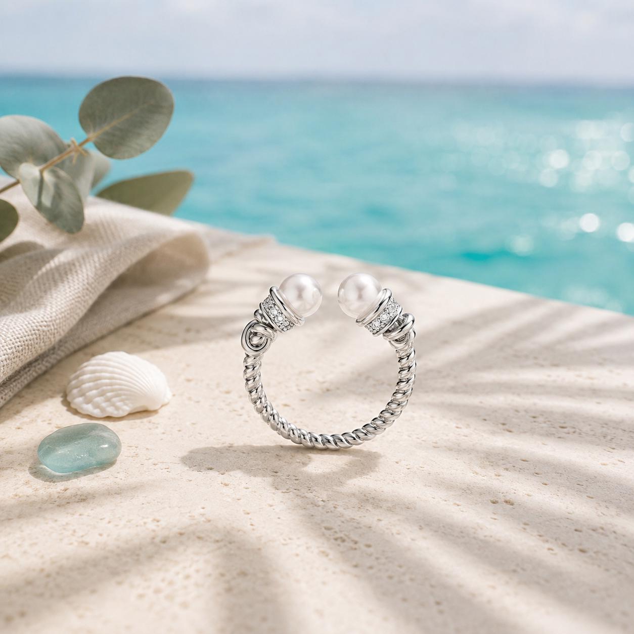 Beachchī Pearl Open Cuff Ring | 925 Sterling Silver Ring | Adjustable Pearl Ring | Coastal Jewelry | Beach Ring | Minimalist Gift for Her